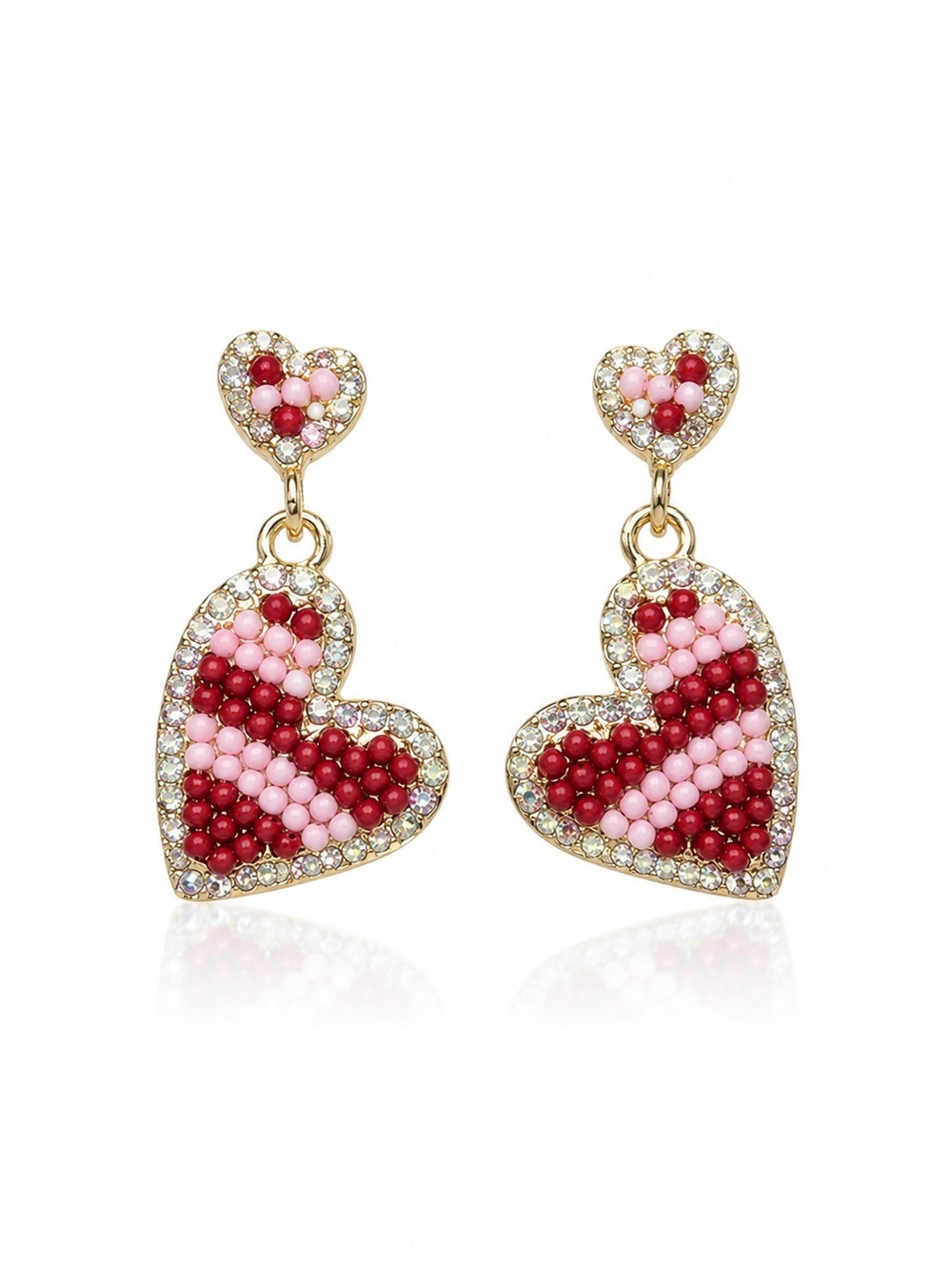 Gold-Tone Red Beaded Heart Drop Earrings